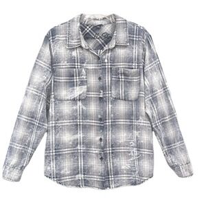 Vanilla Star Distressed Button Up Shirt Womens XL Blue Plaid Chambray Streetwear